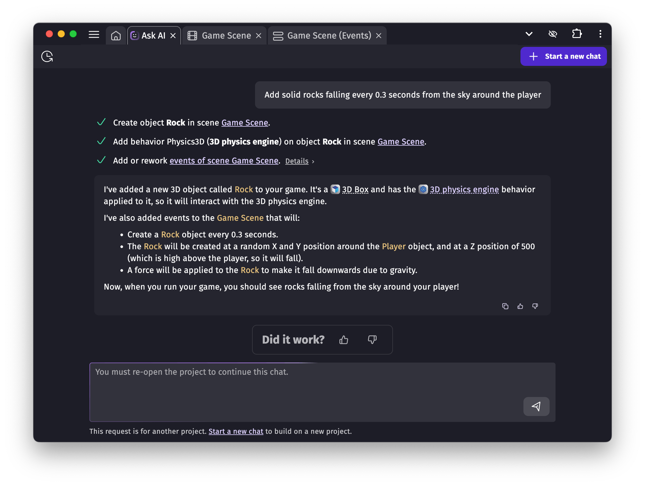 A conversation with the AI agent building a feature in a game